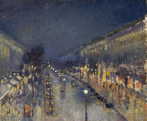 Camille Pissarro, Der Boulevard Montmartre bei Nacht. 1897 (Paris, Stadt, Hauptstadt, Straße, Prachtstraße, Nachtszene, Beleuchtung, Alltagsszene, Frankreich, Impressionismus, Klassische Moderne, Wohnzimmer, Wunschgröße)