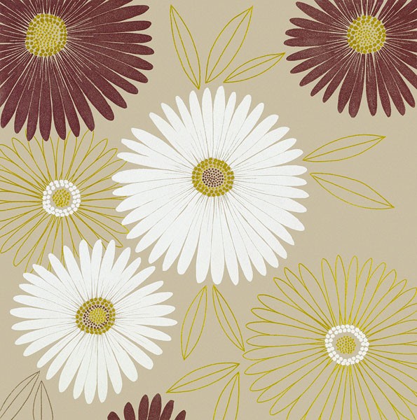 Design Show, FLURRY I (Retro, Vintage, Grafik, Blumen, Blüten, Tapetenmuster, dekorativ, Sechziger Jahre, Wunschgröße, Wohnzimmer, Treppenhaus, bunt)