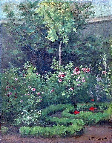Camille Pissarro, Ein Rosengarten. 1862 (Pissarro,Camille,1830-1903,Öl auf Leinwand,19. Jahrhundert,Impressionismus,französischer,Y,Yale University Art Gallery,New Haven,CT,USA,Camille Pissarro,Garten Bäumchen Blumen Blumenbeet Rosen Rosenstrauch Rosensträucher blühen Ecke)