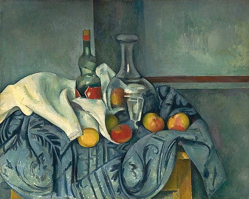 Paul Cézanne, Die Pfefferminzflasche. 1893/95 (Stillleben, Tisch, Tischtuch, Tischdecke, Brokat, edel, Obst,   Flaschen, Krug, Karaffe, Äpfel, Früchte, Glas, Wunschgröße, Klassiker, Impressionismus, Wunschgröße, Wohnzimmer, Esszimmer,)