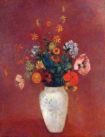 Odilon Redon, Blumenstrauß in einer chinesischen Vase. Um 1912?14 (Postimpressionismus, Stillleben, Blumenvase, Blüten, Blumen, Sommerblumen, Wiesenblumen, Mohn, floral, klassische Moderne, Malerei, Wohnzimmer, Esszimmer, Treppenhaus, Wunschgröße, bunt)