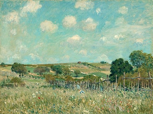 Alfred Sisley, Die Wiese. 1875 (Landschaft, Landschaftsmalerei, Sommer, Wiese,Blumen, Idylle, Wohnzimmer, Treppenhaus, Impressionismus, Klassische Moderne, Malerei, Wunschgröße, bunt)