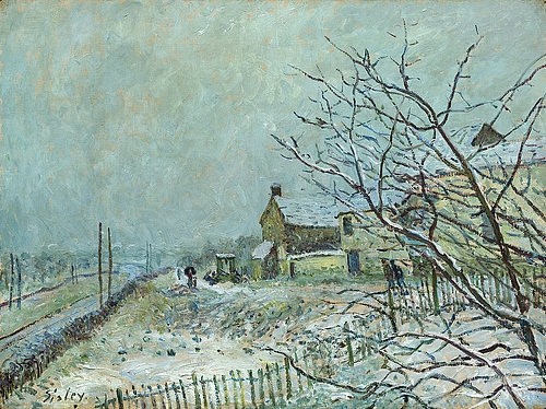 Alfred Sisley, Erster Schnee in Veneux-Nadon. 1878 (Landschaft, Landschaftsmalerei, Winter, Schnee, karg, Frankreich, Wohnzimmer, Treppenhaus, Impressionismus, Klassische Moderne, Malerei, Wunschgröße, bunt)