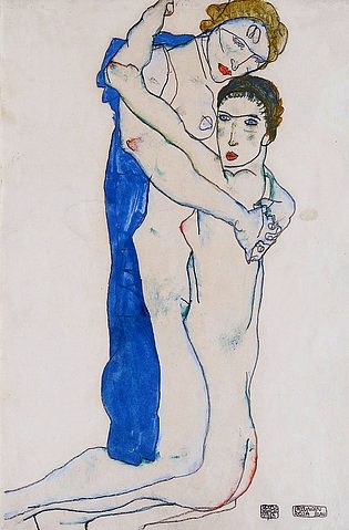 Egon Schiele, Freundin, Rosa-Blau. 1913 (Schiele,Egon,1890-1918,Aquarell,Privatbesitz,20. Jahrhundert,Expressionismus,Gouache und Kohle auf Papier,Schiele, Egon,Frau Freundin Umarmung sich umarmen Akt Sexualität nackt Kontur Umrisslinie Körper)