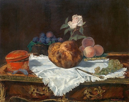 Édouard Manet, Brioche. 1870 (Malerei, Stillleben,  Tischtuch, Lackdose, Brot, Brioche, Obst, Früchte, Rose, edel, Impressionismus, Wohnzimmer, Esszimmer, Klassiker, Wunschgröße, bunt,)