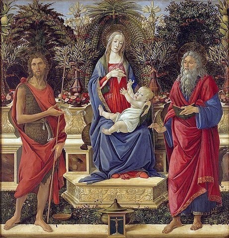 Sandro Botticelli, Thronende Maria mit dem Kinde und Heiligen. 1485. (Sacra Conversazione, Maria, Jesus, Knabe, Heilige, Johannes der Täufer, Johannes der Evangelist, üppig, Garten, Frührenaissance, Neues Testament Christentum, religiös, Wunschgröße, Malerei, Klassiker,  Schlafzimmer, bunt)