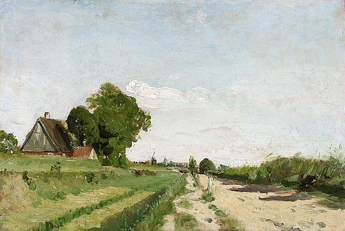 Otto Modersohn, Weg nach Münster. 1887 (Bauernhaus, Landweg, Kate, Flachland, Landschaft, Landschaftsmalerei,  Künstlerkolonie Worpswede, Klassische Moderne,   Wohnzimmer, Treppenhaus, Wunschgröße)