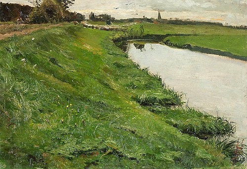 Otto Modersohn, Die Aa bei Mecklenbeck. 1888 (Fluss, Aa, Flusslandschaft, Ufer, Böschung, Landschaft, Landschaftsmalerei,  Künstlerkolonie Worpswede, Klassische Moderne,   Wohnzimmer, Treppenhaus, Wunschgröße)