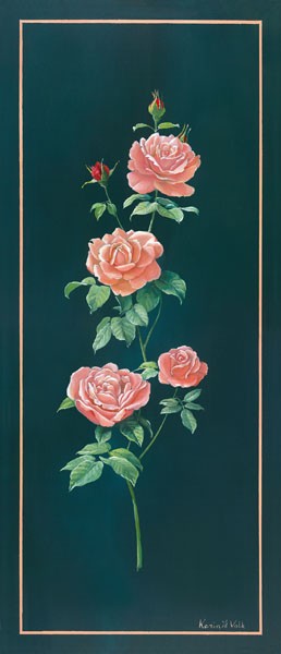 Karin v.d. Valk, ROSE (Blumen, Blüten, Rosenzweig, Botanik, Panel, Treppenhaus, Wunschgröße, Malerei, dunkelgrün/bunt)