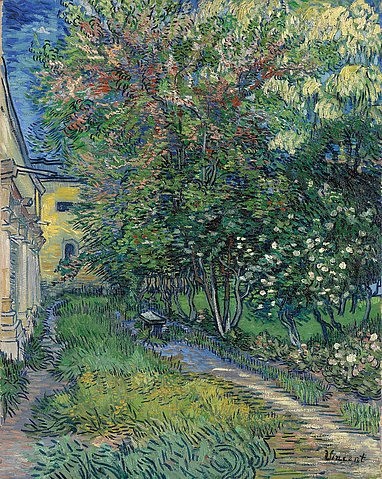 Vincent van Gogh, Der Garten der Heilanstalt in Saint-Rémy. 1889 (Gogh,Vincent van,1853-1890,Otterlo,Museum Kröller-Müller,Öl auf Leinwand,19. Jahrhundert,Post-Impressionismus,Vincent van Gogh Garten Innenhof Hospital Garten Park Pinselduktus Duktus Bäume Büsche Perspektive Weg)