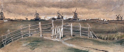 Vincent van Gogh, Windmühlen bei Dordrecht (Weeskinderendijk). 1881 (19. Jahrhundert,schwarze und grüne Kreide,Tusche,Deckfarbe auf Papier,Bleistift,Otterlo,Museum Kröller-Müller,1853-1890,Gogh,Vincent van,Gogh, Vincent, van Zaun Windmühle Windmühlen Mühlen Mühle Weide Niederlande Holland,Zeichnung)