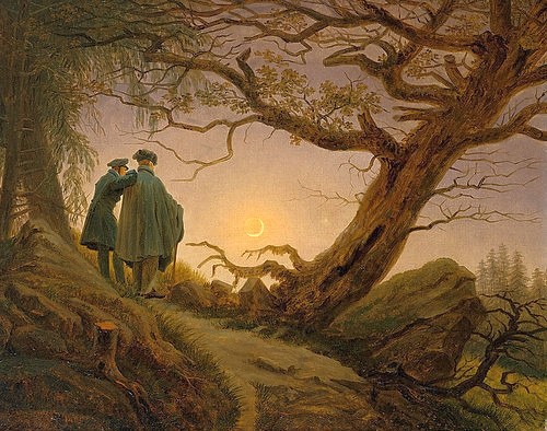 Caspar David Friedrich, Zwei Männer in Betrachtung des Mondes. Um 1825-30 (Landschaft, Spaziergänger, Gespräch, Nachtszene, Mond, Bäume, knorrig, Klassiker, Wohnzimmer, Wunschgröße, Malerei, Romantik,  bunt)