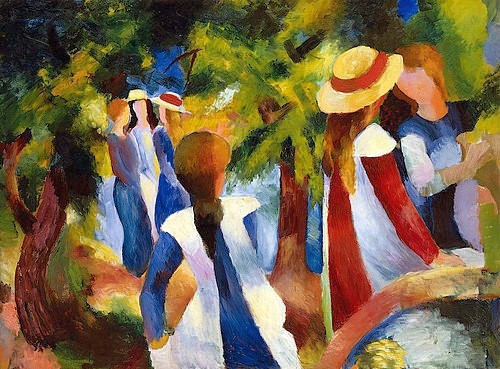 August Macke, Mädchen unter Bäumen. 1914 (Klassische Moderne,junge Frauen,jung,Schürzen,Schürze,weiße Schürze,Freizeit,Unterhaltung,Rückenfigur,heiter,glücklicher Moment,glücklich,sorglos)