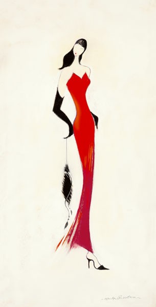 Marilyn Robertson, DAME IN ROT I (Malerei, junge Frau, Eleganz, rotes Abendkleid, dekorativ, modern, Schlafzimmer, Treppenhaus, Wohnzimmer, Jugendzimmer, Bistro, Wunschgröße, bunt)