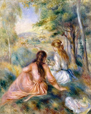 Pierre-Auguste Renoir, Auf der Wiese. 1888-92 (landschaft, Freundinnen, Freizeit, Sommer, Wiese, Blumen, Mädchen,langes Haar, Impressionismus, klassische Moderne, Wunschgröße, Wohnzimmer, Malerei)