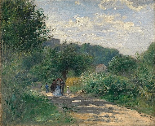 Pierre-Auguste Renoir, Eine Straße in Louveciennes. Um 1870 (Frankreich, Dorf, Sommer, Weg Landstraße, Louveciennes,  Spaziergänger, Spaziergang, Familie, Impressionismus, klassische Moderne, Wunschgröße, Wohnzimmer, Malerei)