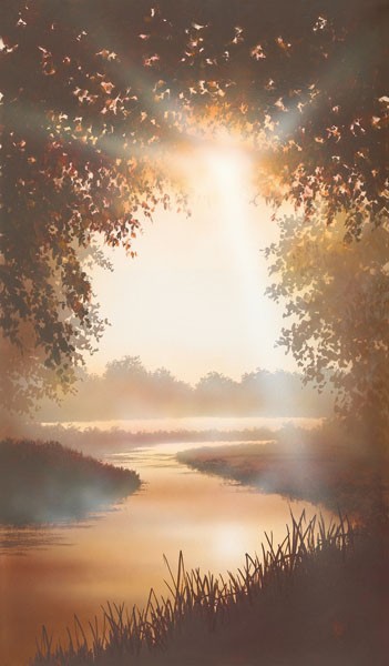 Peter Walsh, EARLY SPRING II (Malerei, Landschaft, Natur mystisch, Flusslandschaft, Frühling, Sonnenlicht, Sonnenstrahlen, Dunst, Nebel, diffus, Lichtspiel, Treppenhaus, Schlafzimmer, Wohnzimmer, Wunschgröße, bunt)