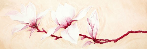 Elisabeth Verdonck, MAGNOLIAS II (Malerei, Magnolie, Magnolienblüten, Magnolienast,  Natur, Floral, Blüten, Botanik, Schlafzimmer, Wohnzimmer, Wunschgröße, rosa/bunt)