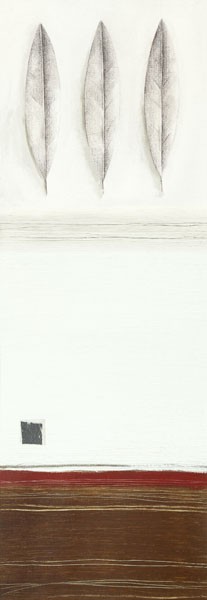 Ally & Reader Gore, 3 LEAVES (Abstrakt, Farbfelder, horizontale Linien, floral, abstrakte Malerei, Blätter, Modern, Büro, Wohnzimmer, Wunschgröße, grau/ weiß, braun)