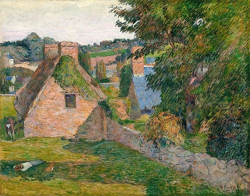 Paul Gauguin, Feld bei Derout-Lollichon. 1886 (Gauguin,Paul,1848-1903,Los Angeles,County Museum of Art,Öl auf Leinwand,19. Jahrhundert,Landschaft,Post-Impressionismus,Paul Gauguin Frankreich Brettagne Bauernhaus Haus Mauer Steinmauer,Wiese Ruhe dörflich Dorf ruhig friedlich)