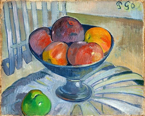 Paul Gauguin, Obstschale auf einem Gartenstuhl. Um 1890 (Gauguin,Paul,1848-1903,Los Angeles,County Museum of Art,Öl auf Leinwand,Stillleben,Post-Impressionismus,Obst,Paul Gauguin Obst Apfel Äpfel Obstschale Schale)