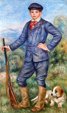 Pierre-Auguste Renoir, Jean als Jäger. 1910 (Portrait, Kind, Junge, Kappe, Hund, Gewehr, Jagd, Sohn des Künstlers, Impressionismus, klassische Moderne, Wunschgröße, Wohnzimmer, Malerei)
