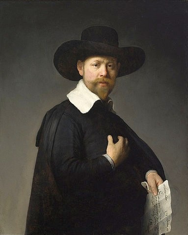 Rembrandt van Rijn, Bildnis des Marten Looten. 1632 (Rembrandt van Rijn,1606-1669,Los Angeles,County Museum of Art,Öl auf Holz,17. Jahrhundert,Portrait,Rembrandt Harmensz. van Rijn Goldenes Zeitalter Mann Halbfigur dunkel Hut weißer Kragen wohlhabend Mennonitischer Mennonit Getreidehändler Büger Händler)