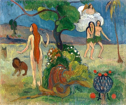 Paul Gauguin, Verlorenes Paradies (?). Um 1890 (Gauguin,Paul,1848-1903,Öl auf Leinwand,19. Jahrhundert,Y,Yale University Art Gallery,New Haven,CT,USA,Paul Gauguin Baum Früchte Adam und Eva Vertreibung Engel Paradies Garten Eden)