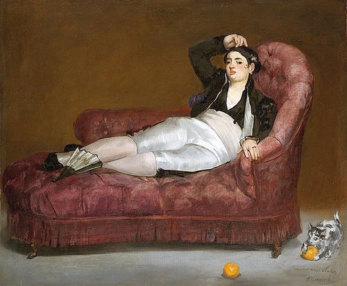Édouard Manet, Liegende junge Frau in spanischem Kostüm. 1862-63 (Canapé, Couch, Ganzkörperportrait, Frau, Kostüm, Spanisch, Katze, Impressionismus, Wohnzimmer,   Klassiker, Wunschgröße, bunt,)