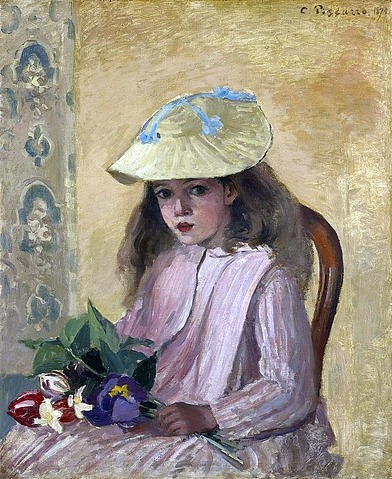 Camille Pissarro, Die Tochter des Künstlers. 1872 (Pissarro,Camille,1830-1903,Öl auf Leinwand,19. Jahrhundert,Portrait,Kind,Y,Yale University Art Gallery,New Haven,CT,USA,Camille Pissarro,Mädchen,Hut,sitzen,rosa Sonntagskleid Blumenstrauß Besuch Besucherin brav ,französisch,Tochter wohlerzogen gesittet)