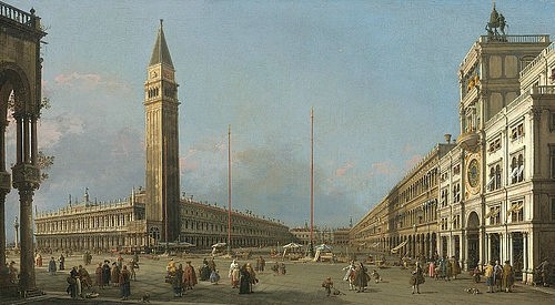 Canaletto (Giovanni Antonio Canal), Markusplatz mit Blick nach Süden und Westen. 1763 (Italien,Stadtansicht,18. Jahrhundert,Öl auf Leinwand,Los Angeles,County Museum of Art,1697-1768,Canaletto (Giovanni Antonio Canal),Antonio Canal,Canaletto,Italien,Venedig venezianisch, Architektur alltägliche Szene Wahrzeichen Turm Venedig Markusplatz Fuß)