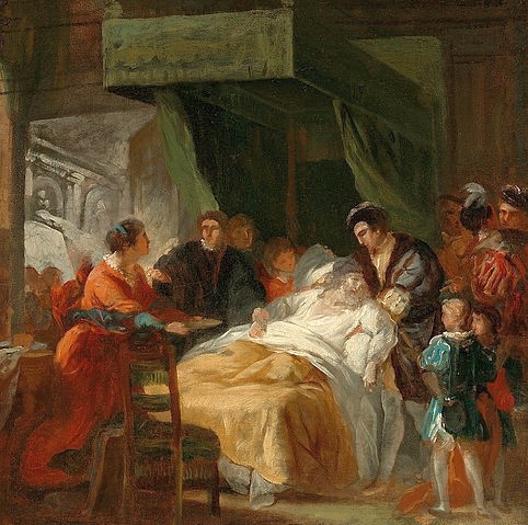 François Guillaume Ménageot, Der Tod Leonardo da Vincis in den Armen von Franz I. Um 1781 (Historische Person,18. Jahrhundert,Öl auf Leinwand,1744-1816,Ménageot,François Guillaume,Los Angeles,County Museum of Art,François-Guillaume Ménageot,Franz I François Leonardo da Vinci Totenbett Tod sterben Künstler)
