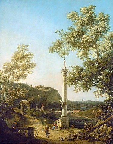 Canaletto (Giovanni Antonio Canal), Englisches Landschafts-Capriccio mit einer Säule. Um 1754 (Canaletto (Giovanni Antonio Canal),1697-1768,Washington,National Gallery,Öl auf Leinwand,18. Jahrhundert,Washington,DC,Canaletto England Ruinen Brücke Antike Architektur Phantasie Fantasie Fantasiestück Klassizismus Hügel capriccio Landschaft Monument Säu)