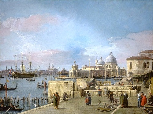 Canaletto (Giovanni Antonio Canal), Eingang zum Canal Grande vom Molo aus, Venedig. 1742/44 (Canaletto (Giovanni Antonio Canal),1697-1768,Washington,National Gallery,Öl auf Leinwand,18. Jahrhundert,Stadtansicht,Italien,Washington,DC,Canaletto,Händler Bürger Staffage,Venedig Kanal Kai Pier)
