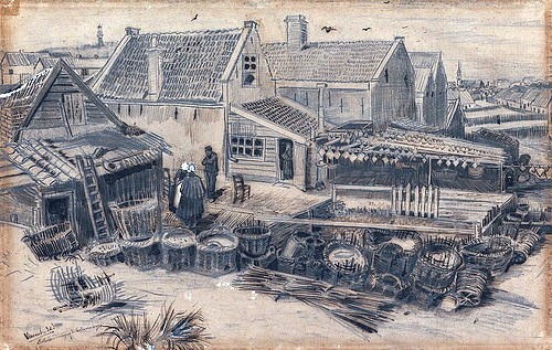 Vincent van Gogh, Trockenschuppen für Fisch in Scheveningen (Scharrendrogerij op Scheveningen). 1882 (19. Jahrhundert,braune Tinte,schwarze Kreide auf Papier,Feder und Pinsel,Otterlo,Museum Kröller-Müller,1853-1890,Gogh,Vincent van,Gogh, Vincent, van trocknen Fisch Schuppen Körbe Fischerei Niederlande Holland Zeichnung)