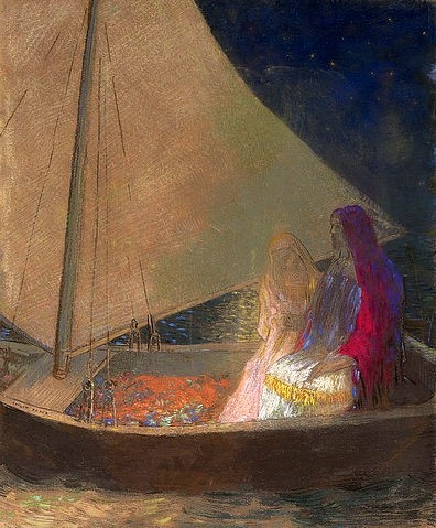 Odilon Redon, Die Bark. Um 1902 (Wunschgröße, klassische Moderne, Symbolismus, Barke, Boot, Fischerboot, Segelboot, Mondlicht, Nachtszene, mystisch, Frauen, Treppenhaus, Wohnzimmer, Malerei, bunt)