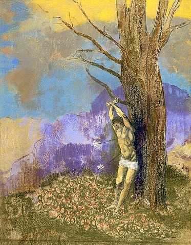 Odilon Redon, Der heilige Sebastian. Um 1910 (Wunschgröße, klassische Moderne, Symbolismus, Figurativ, Heiliger, Sebastian, Martyrium, Pfeile, Folter, Religion, durchbohren, Treppenhaus, Wohnzimmer, Malerei, bunt)