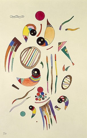Wassily Kandinsky, Ohne Titel / Sans titre. 1940 (Kandinsky,Wassily,1866-1944,Paris,Musée national d'Art moderne,20. Jahrhundert,Abstraktion,Collection Centre Pompidou,Aquarell und Tusche auf Papier,kaschiert auf Karton,Kandinsky, Wassily,Formen,organisch weiß weißer Hintergrund schweben,Kreis Kreise bio)
