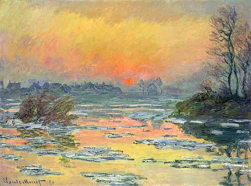 Claude Monet, Sonnenuntergang über der Seine (Coucher de Soleil sur la Seine). 1880 (Monet,Claude,1840-1926,Öl auf Leinwand,19. Jahrhundert,Impressionismus,Landschaft,Hakone,Pola Museum of Art,französischer,Monet, Claude,rote Sonne,Abendsonne,Sonnenuntergang,Abend Abendstimmung Atmosphäre Fluss Wasser Seine Abendrot Himmel Abendhimmel Ruh)