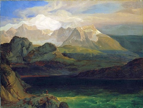 Carl Rottmann, Der Eibsee bei Partenkirchen. 1825 (Landschaftsmalerei, Bayern, Berge, Gebirge, Zugspitze, Schneegipfel, mythisch, episch, heroisch, Abendszene, stimmungsvoll, Malerei, Romantik, Klassiker, Wunschgröße,  Wohnzimmer, bunt)