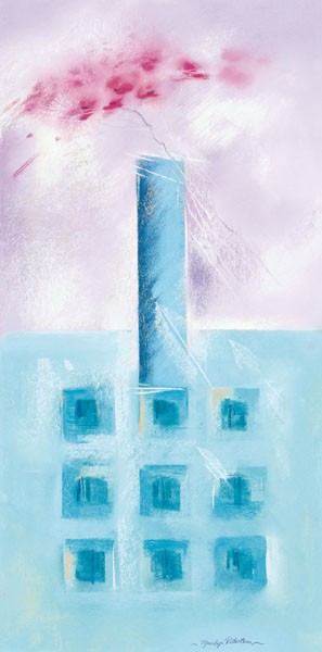 Marilyn Robertson, TÜRKIS II (Malerei, Stillleben, Zweige, Blütenzweige,geometrische Muster, Quadrate, Vase, modern, dekorativ, Wunschgröße, Schlafzimmer, Treppenhaus, Wohnzimmer, türkis/pink/weiß)