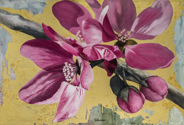 David Sedalia, FLOWERS IV (Zweig, Blüten, Blütenblätter,  Knospen, Malerei, Wohnzimmer, Esszimmer, Treppenhaus, Wunschgröße, rosa, bunt)