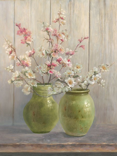 Jacky Reed, GREEN II (Stillleben, Blumenvasen, Kirschblüten, Apfelblüten, Blütenzweige, Holzwand, Frühling, Wunschgröße, Malerei, Wohnzimmer, Esszimmer, Treppenhaus, bunt)