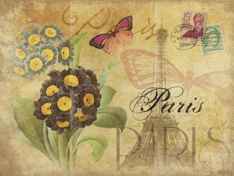 Jace Grey, PARIS I (Postkarte, Blumen, Schmetterlinge, Paris, Nostalgie, Wunschgröße, Grafik, Schlafzimmer, Treppenhaus, bunt)