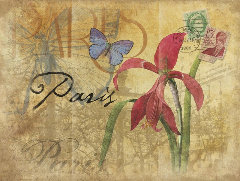Jace Grey, PARIS III (Postkarte, Blumen, Schmetterlinge, Paris, Nostalgie, Wunschgröße, Grafik, Schlafzimmer, Treppenhaus, bunt)