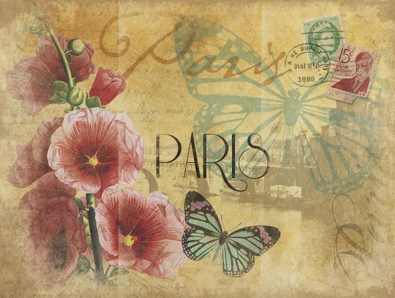Jace Grey, PARIS IV (Postkarte, Blumen, Schmetterlinge, Paris, Nostalgie, Wunschgröße, Grafik, Schlafzimmer, Treppenhaus, bunt)