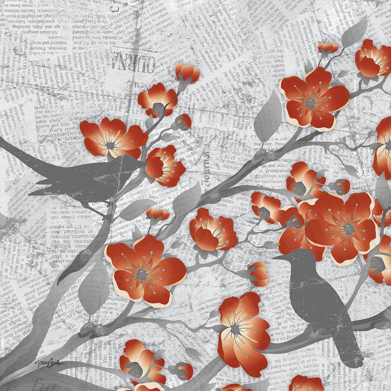 Diane Stimson, BIRD RED I (Zweige, Blütenzweige, Vögel, Silhouette, Zeitung, modern, Grafik, Wunschgröße, Treppenhaus, Wohnzimmer, grau/rot)