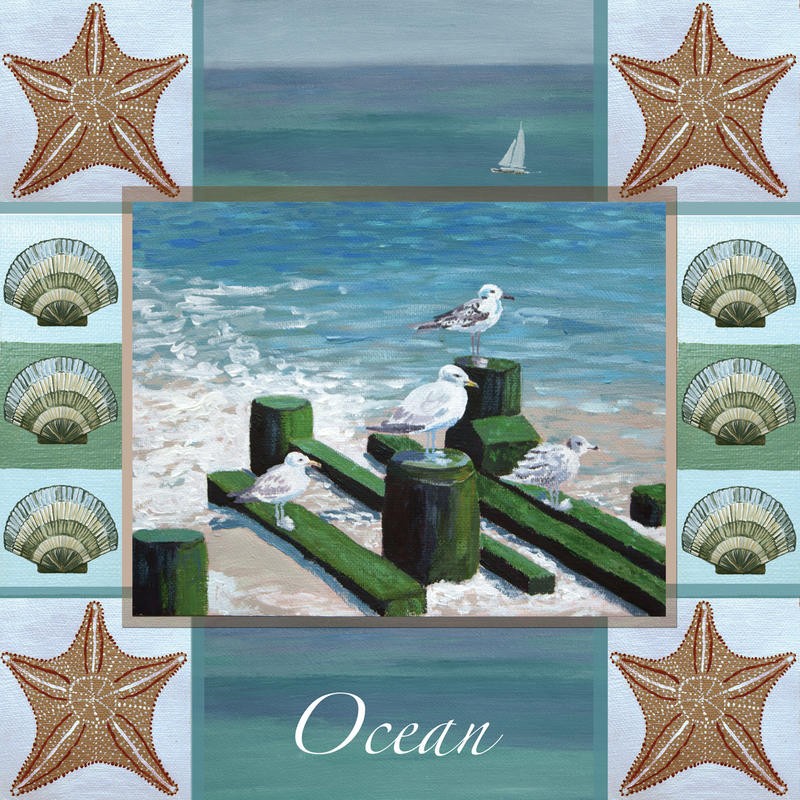 Donna Sinisgalli, OCEAN COMPOSITE II (Meer, Strand, Möwen, Meeresbrise, Bild im Bild, maritim, Muscheln, Urlaub, Malerei, Wunschgröße, Badezimmer, Treppenhaus, bunt)