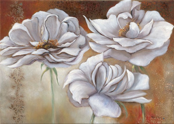 Rian Withaar, WHITE FLOWERS II (Blumen, Blüten, weiße Blüten, Pflanzen, modern, zeitgenössisch, Treppenhaus, Wohnzimmer, Wunschgröße, Malerei, bunt)