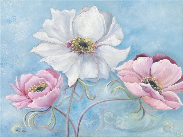 Rian Withaar, PASTEL FLOWERS I (Blumen, Blüten, zart, filigran, Pflanzen, modern, pastell, zeitgenössisch, Treppenhaus, Wohnzimmer, Wunschgröße, Malerei, bunt)